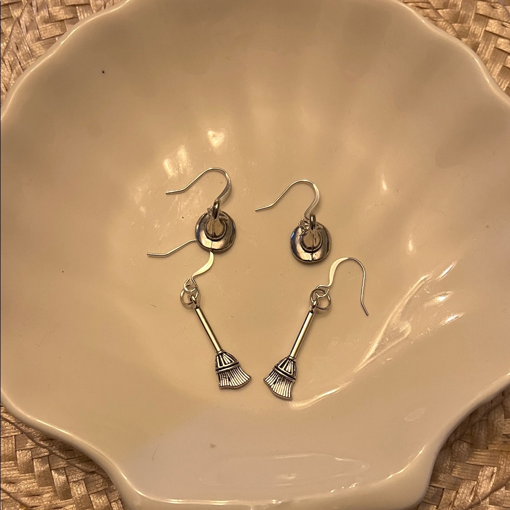 Charming Silver Broom & Witches Hat Earrings